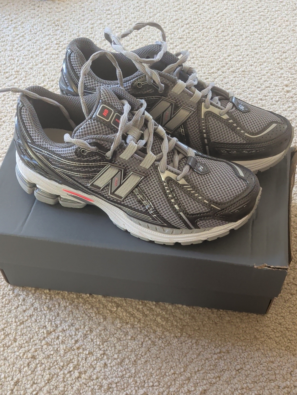 New Balance 1906R Gray and White Mesh Athletic Sneakers with Red Accent
